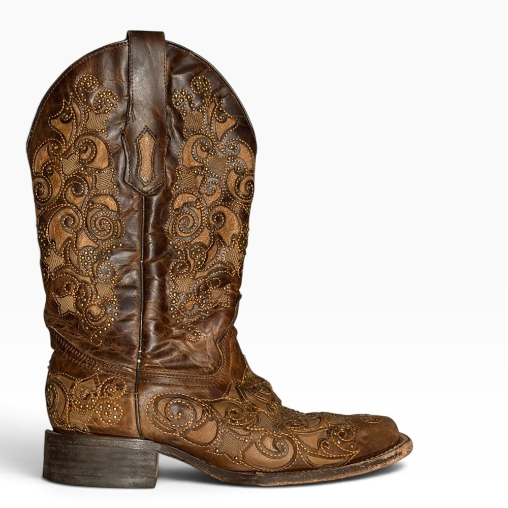 Corral A3326 Brown Leather Embroidered Studded Snip Toe Western Boots Womens 8 M
